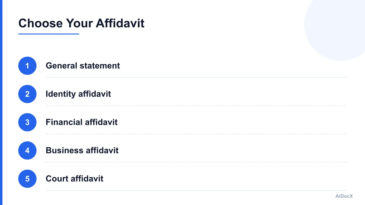 Numbered overview of common affidavit types and their uses