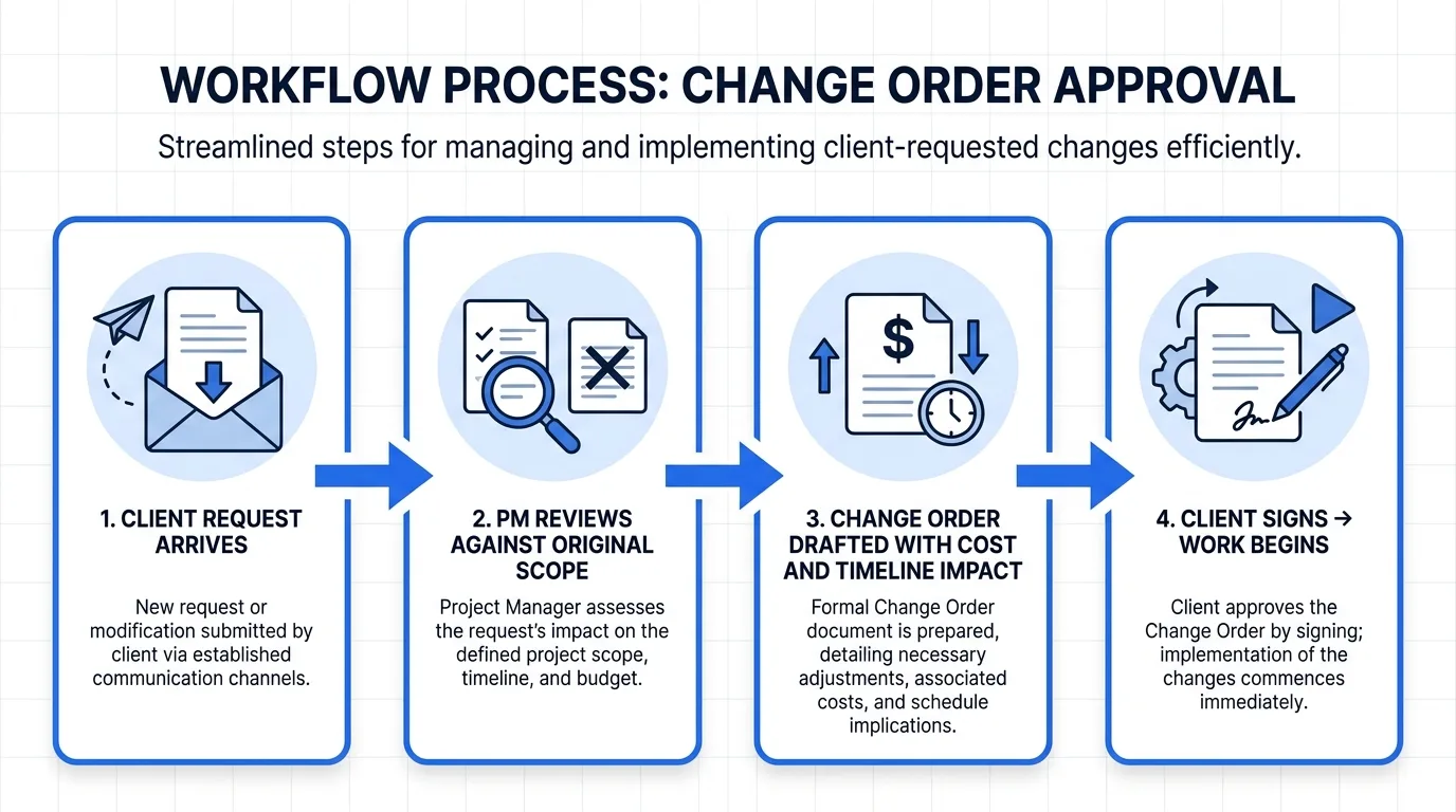 Workflow diagram showing how a change-order clause routes extra requests