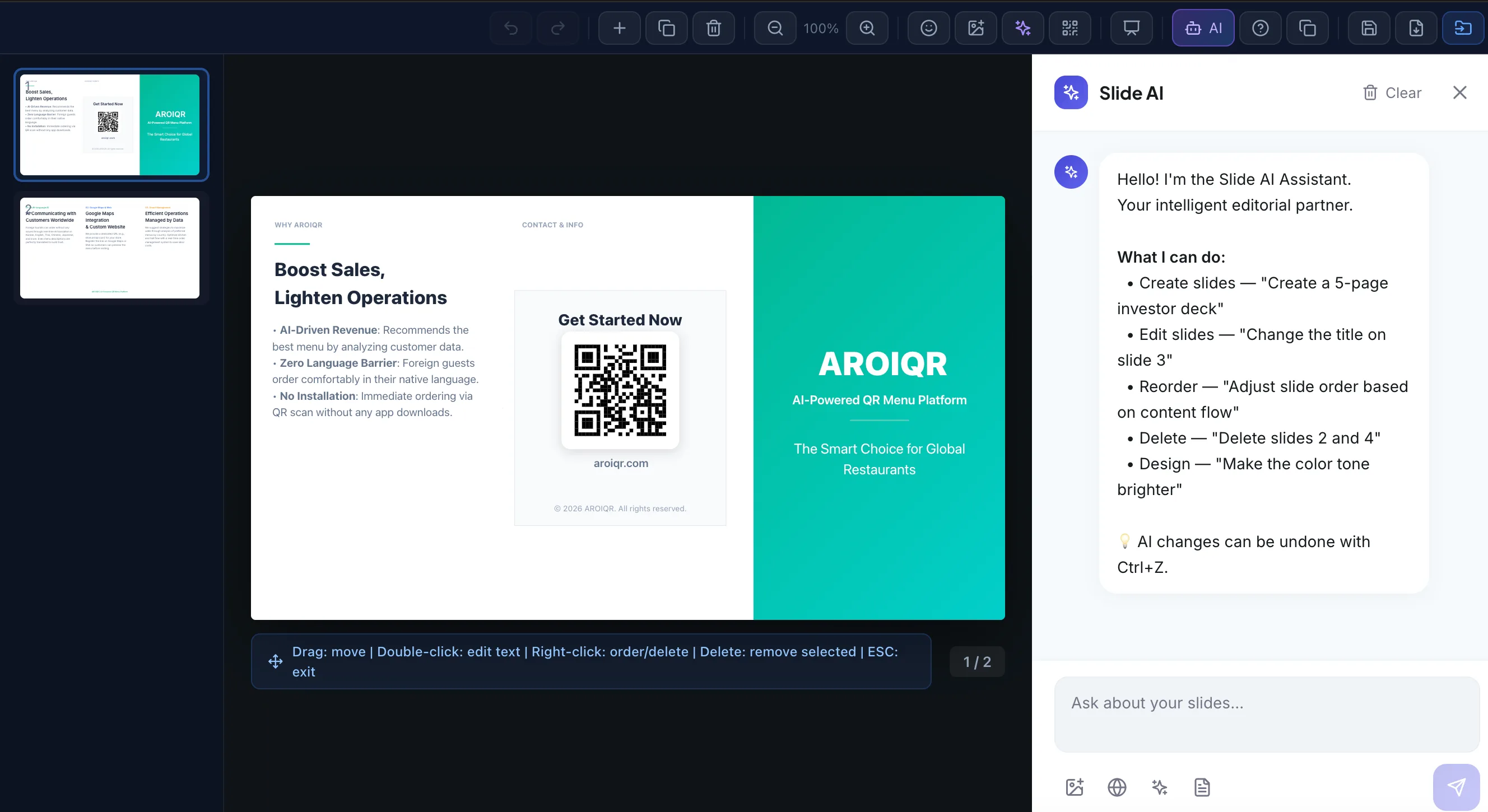 AiDocX Slide AI editor with AI assistant panel for brochure creation
