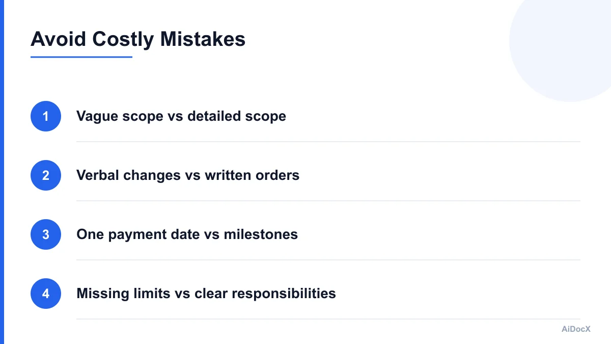 Comparison of common construction contract mistakes and safer alternatives