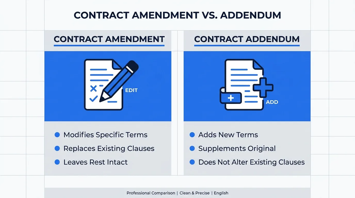 Comparison infographic showing amendment modifies terms while addendum adds new terms