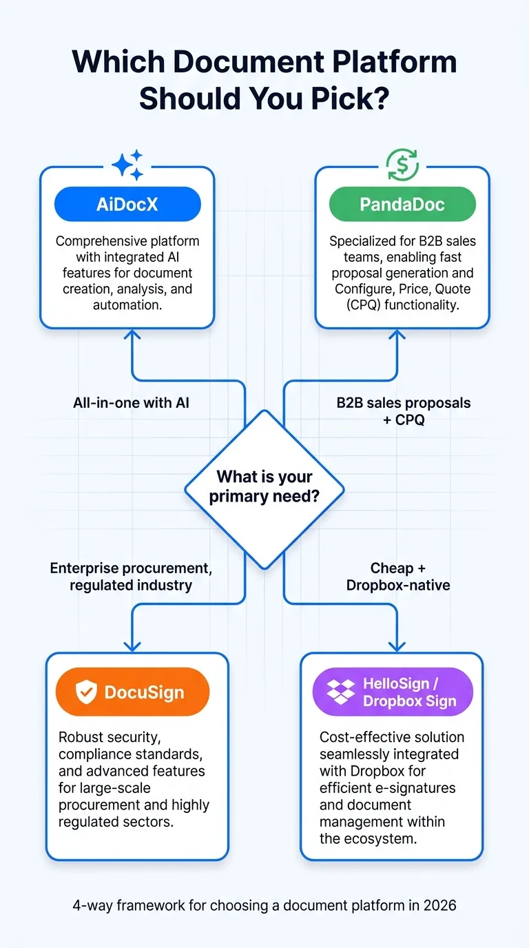 Decision tree for choosing between AiDocX, PandaDoc, DocuSign, and HelloSign based on primary use case: all-in-one AI, B2B sales CPQ, enterprise compliance, or Dropbox-native cheap e-signature