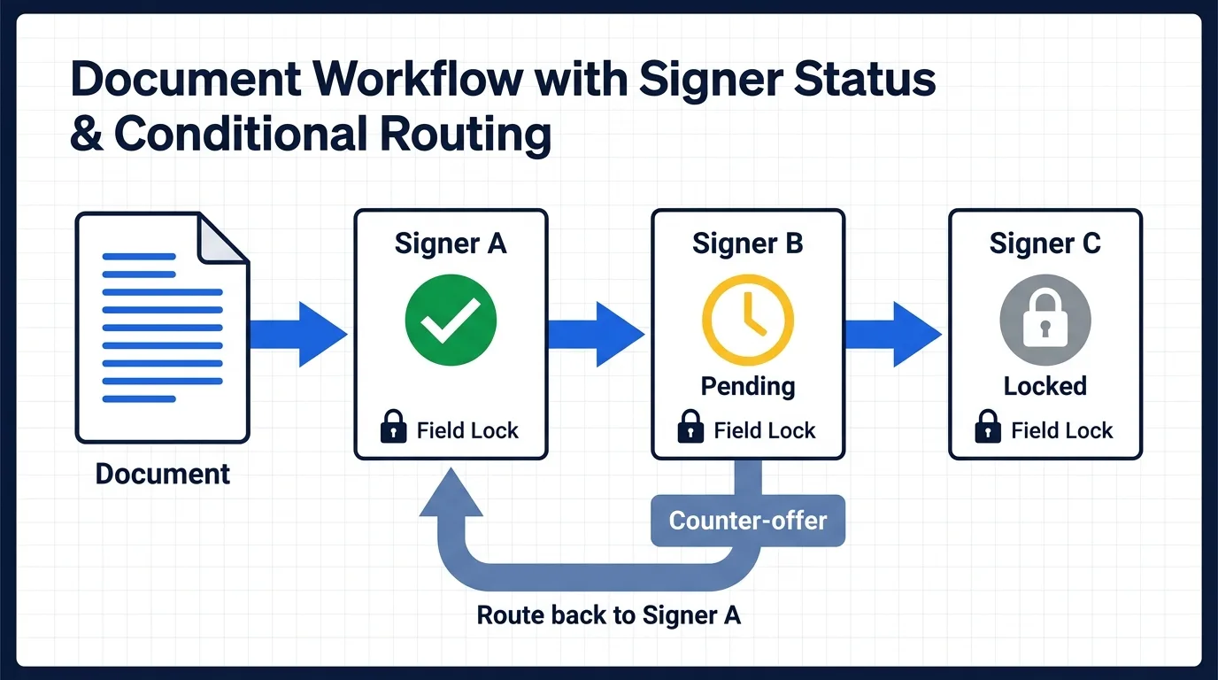 Sequential signer workflow diagram showing A to B to C routing