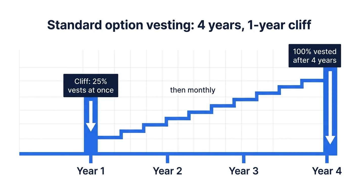 Standard option vesting timeline: four years with a one-year cliff where 25% vests at once, then monthly, reaching 100% after four years