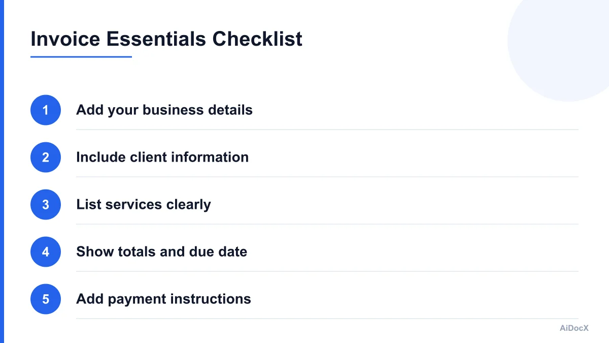 Numbered checklist of essential freelance invoice fields