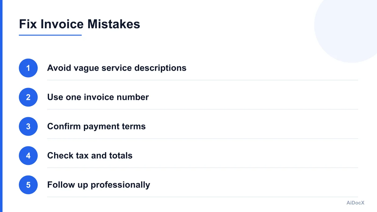 Comparison infographic showing common invoice mistakes and fixes