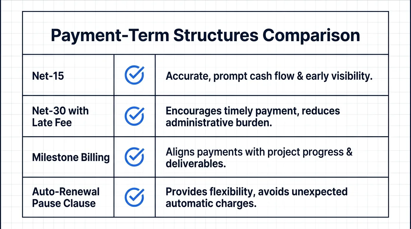 Comparison table of standard payment-term clauses