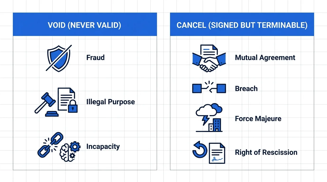 Comparison of contract void vs. cancel reasons