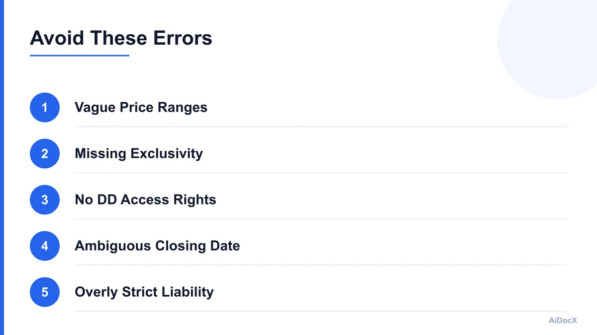 Checklist graphic highlighting common errors in drafting business purchase LOIs