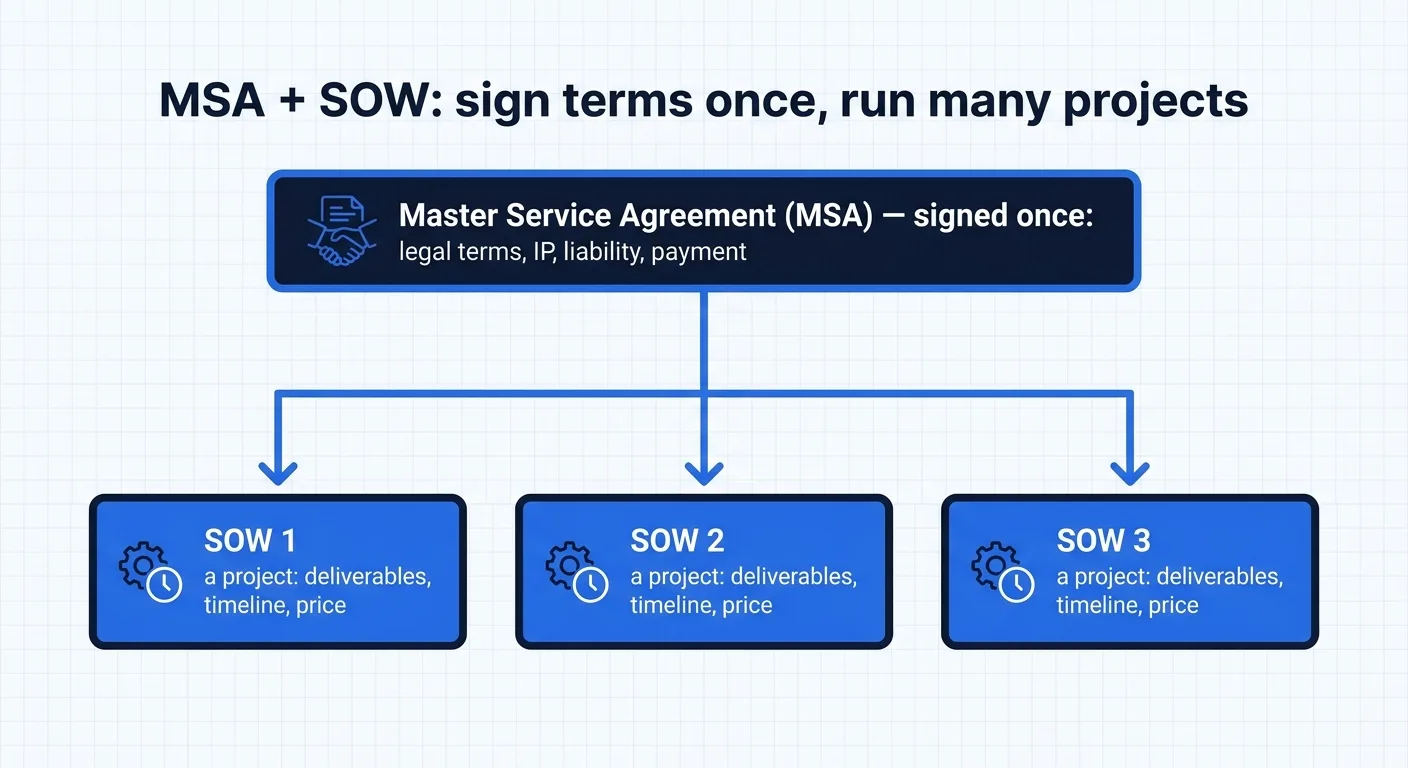 MSA and SOW system: one Master Service Agreement signed once for legal terms, with multiple Statements of Work underneath, one per project