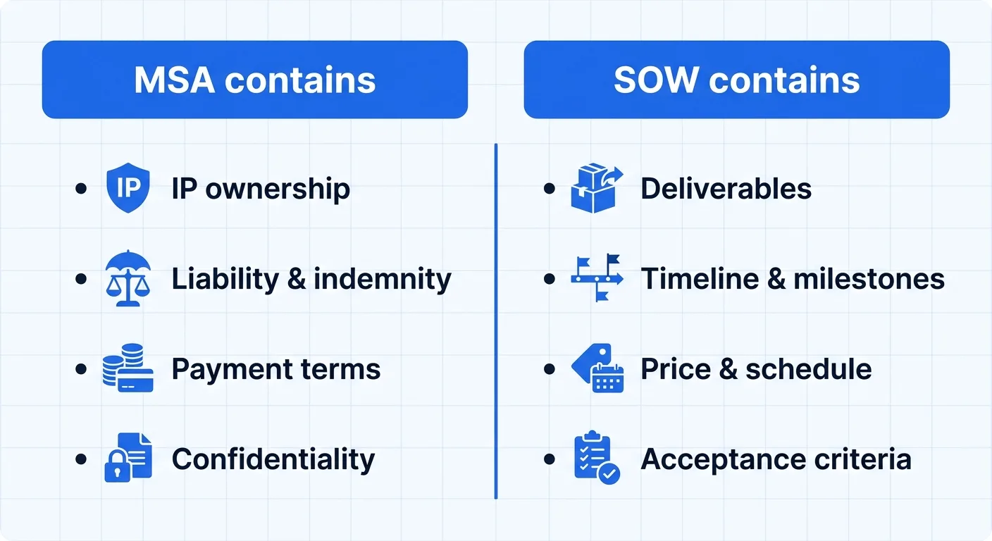 What goes in an MSA versus an SOW: the MSA holds IP, liability, payment terms and confidentiality, while the SOW holds deliverables, timeline, price and acceptance criteria