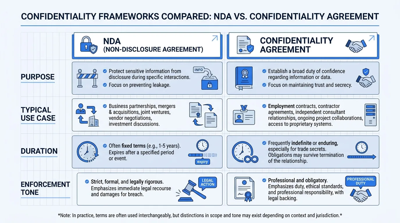 NDA vs confidentiality agreement comparison table