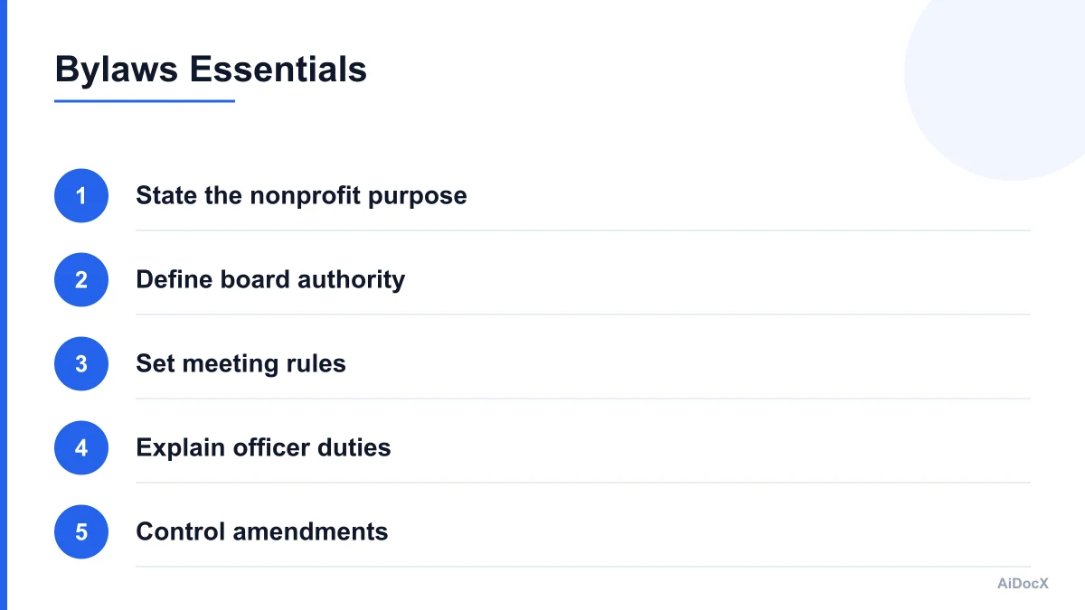 Numbered checklist of essential nonprofit bylaws sections