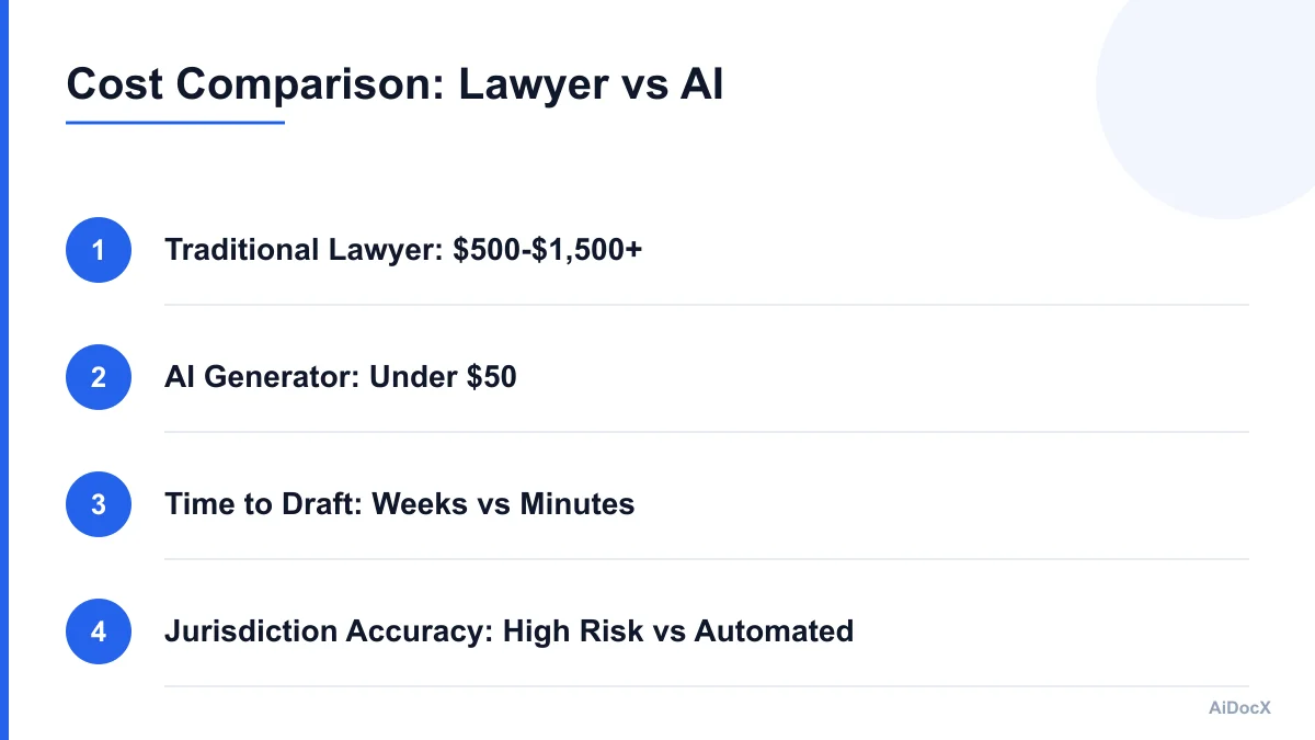 Infographic comparing legal fees versus AI generation costs