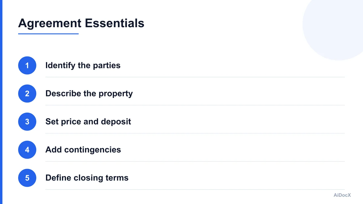 Numbered overview of the main parts of a real estate purchase agreement
