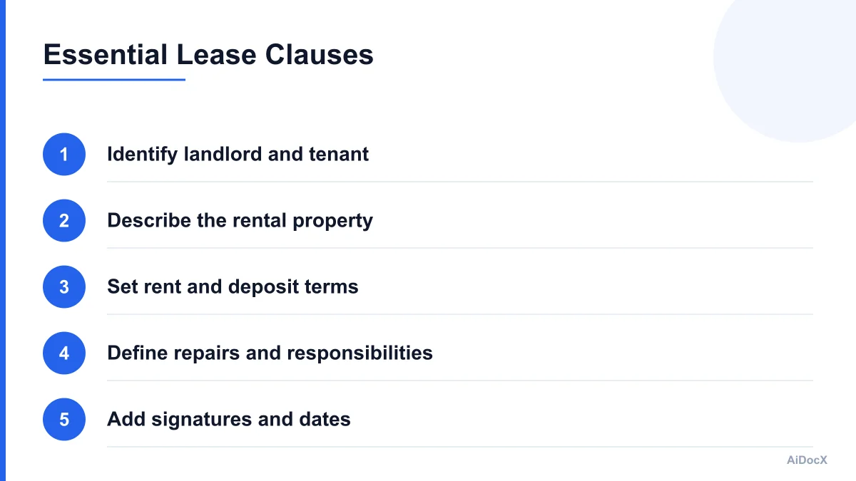 Numbered checklist of essential rental agreement clauses for landlords