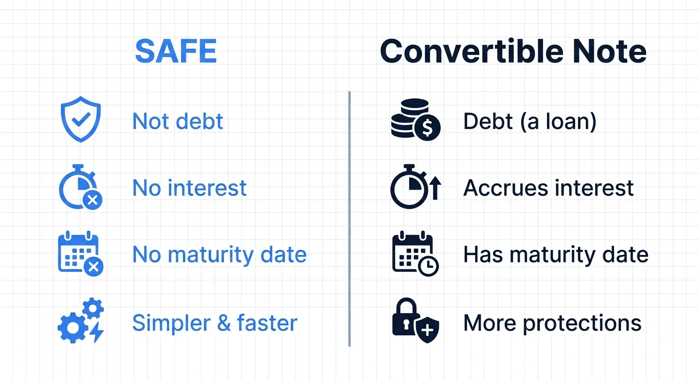 SAFE versus convertible note: a SAFE is not debt with no interest or maturity date, while a convertible note is a loan that accrues interest and has a maturity date
