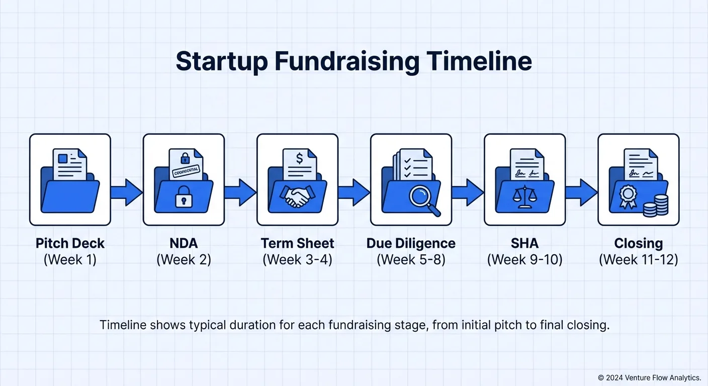 Seed round fundraising document timeline: pitch deck → NDA → Term Sheet → due diligence → SHA → closing documents