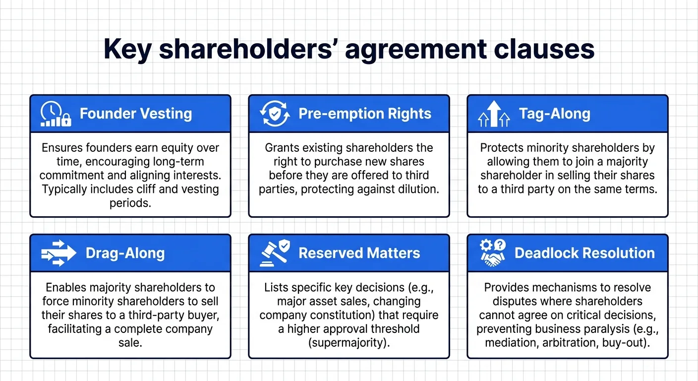 Six key shareholders' agreement clauses: founder vesting, pre-emption rights, tag-along, drag-along, reserved matters, and deadlock resolution