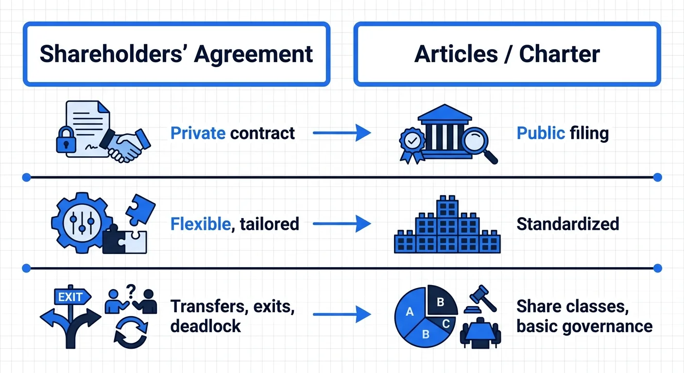 Shareholders' agreement versus articles of association: private contract versus public filing, flexible versus standardized, covering transfers and exits versus share classes