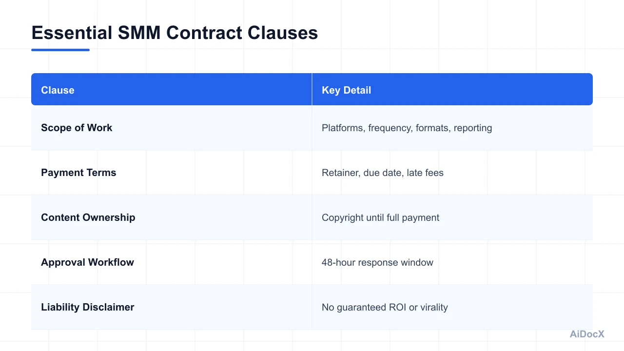 Comparison table of essential social media management contract clauses and their key details