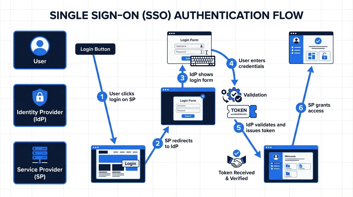 SSO authentication flow: User, Identity Provider, and Service Providers