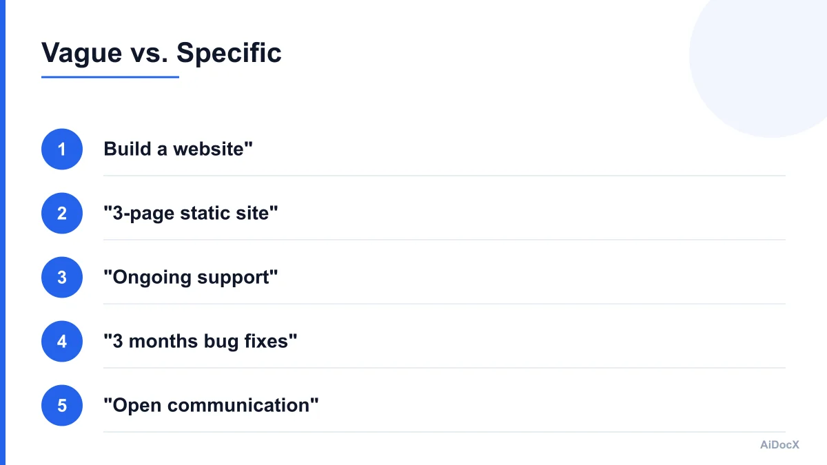Infographic comparing vague vs. specific project language