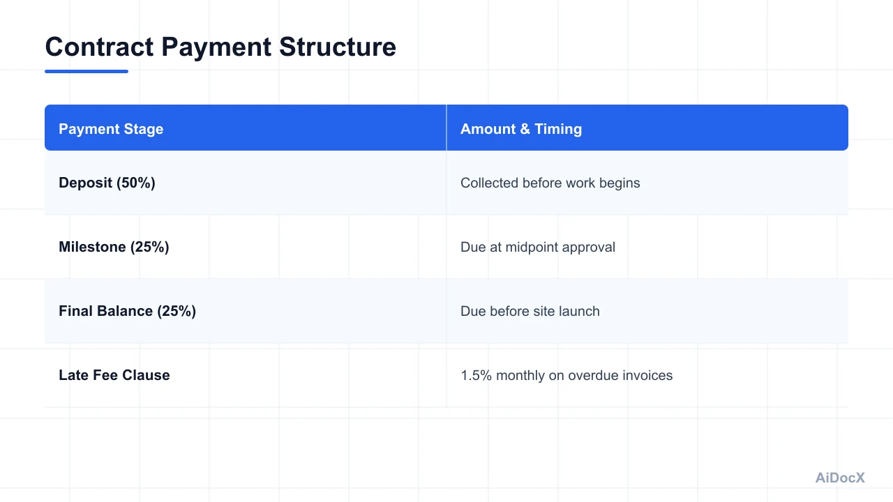 Payment milestones and terms for web design contracts
